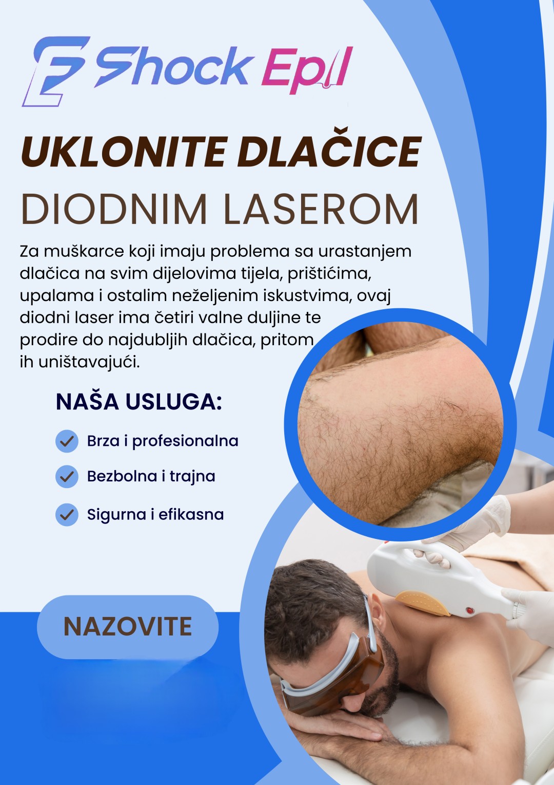 Shock Epil #zagreb Laserska epilacija Cijelo tijelo za muškarce - paket od 3 tretmana + gratis 15 min. klasične masaže po tretmanu