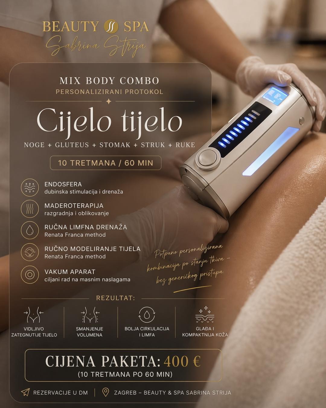 Mix kombo anticelulitni tretmani - paket od 10 tretmana - SABRINA STRIJA BEAUTY & SPA, Zagreb Tretmani tijela Tijelo Tretmani tijela, Zagreb, Novi Zagreb – zapad